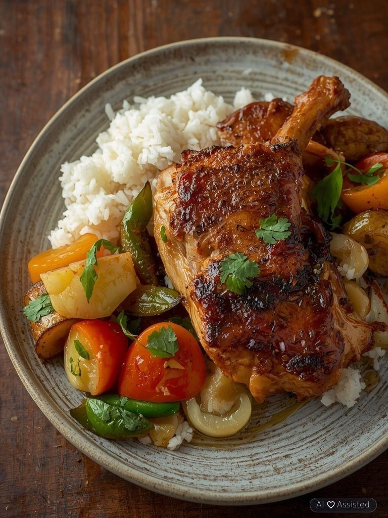 Gebratene Schweineschulter mit Gemüse und Reis (leichtere Version)
