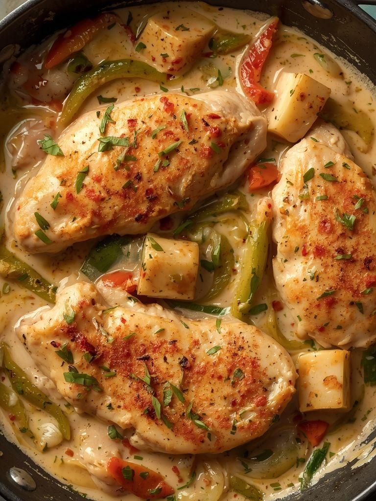 Zwiebel-Paprika-Hähnchen in Sahnesauce