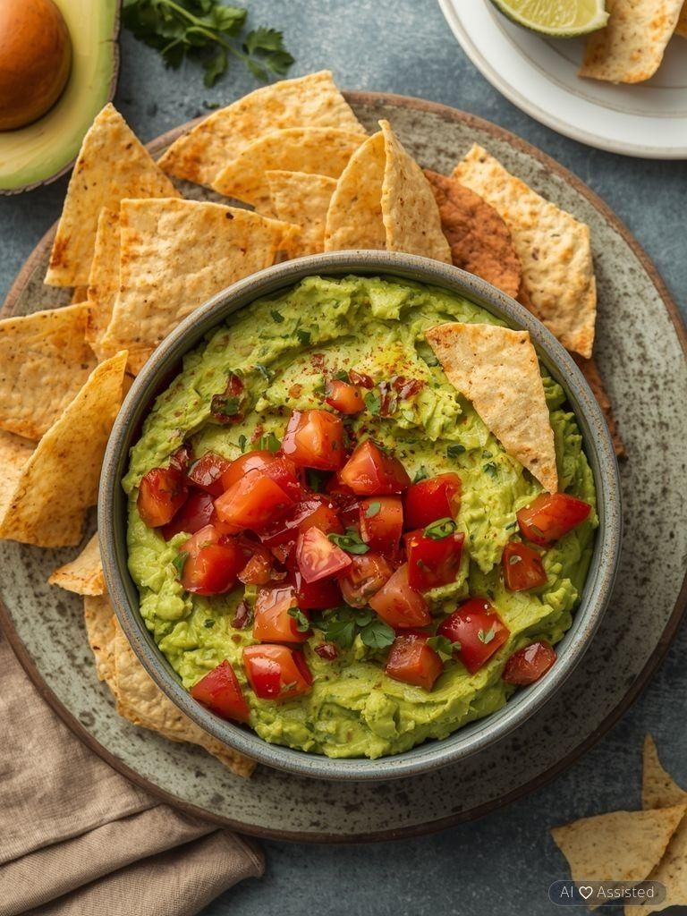 Guacamole mit Tomaten und Tortilla-Chips