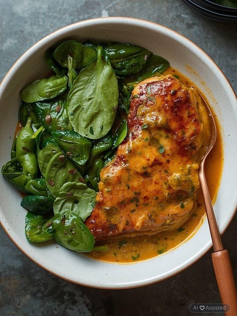 Hähnchen mit Currysauce und Spinat