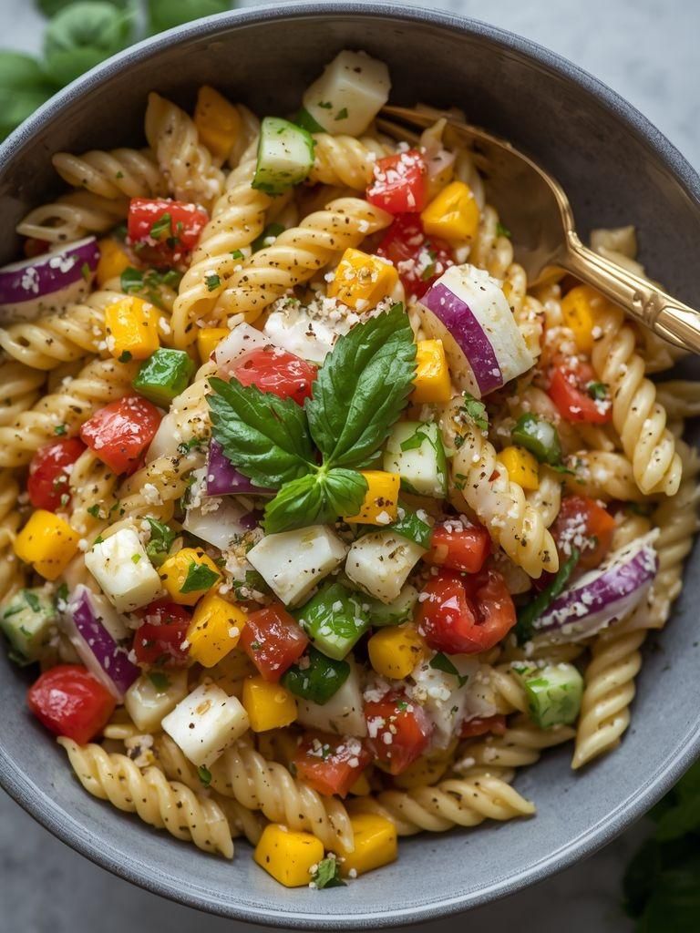 Pasta salad with cherry yogurt